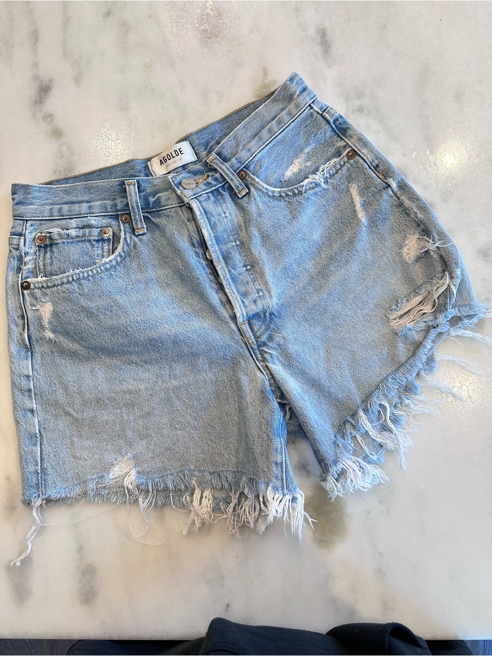 Agolde Light Blue Distressed High-Rise Denim Shorts